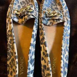 Vionic Brown and Gold Leopard Print Flats with Classic Design